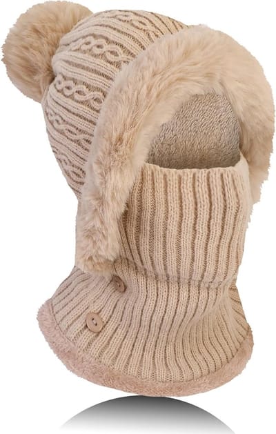 Muts - Dames Gebreide Wintermuts met Pompon - Flexibele Ski- en Nekwarmerset - Perfect voor Buiten - Kamperen - en Sport - One Size - Ideaal Cadeau voor Hem en Haar （ Licht kaki ）