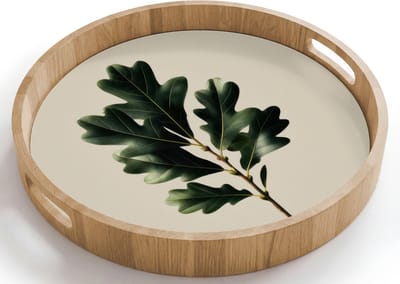 Dienblad rond 40x40 cm - Schootdienblad hout - Eikenbladeren - Beige - Groen - Golvende randen - Borrelplank rechthoek - Plateau houten dienbladen