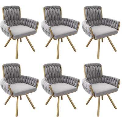 YEHTOKHOME Fluwelen Eetkamerstoelen- Draaistoel met armleuningen - Fauteuil - Make-upstoel - Velvet stoel voor woonkamer, eetkamer, slaapkamer - Gouden metalen poten - 360° graden draaibaar - Set van 6 - Grijs