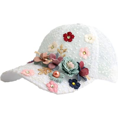 Elegante Ademende Bloemige Kant Baseballpet Holle Bloemen Decor Streetwear Hoed Verstelbare Buiten Zonnehoed Voor Dames Meisjes white