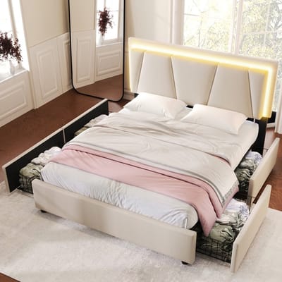 KOMHTOM - Gestoffeerd bed - met ledverlichting - 4 lades - in hoogte verstelbaar hoofdeinde - tweepersoonsbed - 160x200 cm - met opbergruimte - bedframe - houten lattenbodem - beige - zonder matras