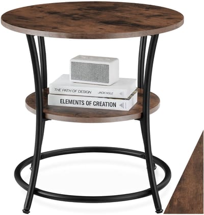 tectake® Ronde Bijzettafel – Salontafel met 2 Planken, Industrieel Design, Nachtkastje van Hout, Ø55x56 cm, Voor Woonkamer, Slaapkamer, Kantoor, Zwart Metalen Frame – Industrial Dark Brown