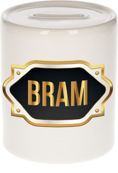 Spaarpot met voornaam Bram - wit - met goud/zwart embleem - 8 x 9 cm - keramiek - met afsluitdop - cadeau verjaardag