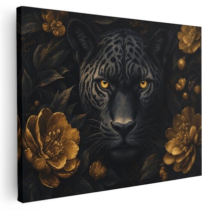 Artaza Canvas Schilderij Zwarte Panter Met Gouden Bloemen - 120x90 cm - Groot - Wanddecoratie Woonkamer - Schilderijen - Muurdecoratie