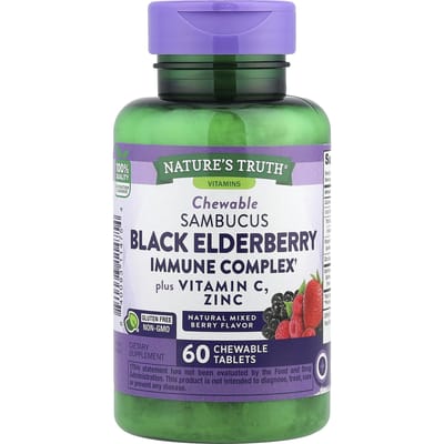 Nature's Truth, Sambucus Zwarte Vlierbes Immuuncomplex Plus Vitamine C en Zink, Natuurlijke Gemengde Bessensmaak, 60 Kauwtabletten
