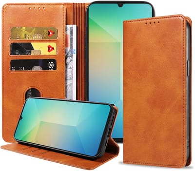 Smartphonica Telefoonhoesje Geschikt voor Samsung Galaxy A06 Kunstleer met Magnetische sluiting en Pasjeshouder Bookcase met Klepje - Bruin geschikt voor Samsung Galaxy A06