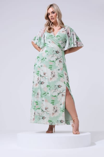 Yours London Saliegroene Mesh Wikkeljurk Met Bloemenprint Size 44
