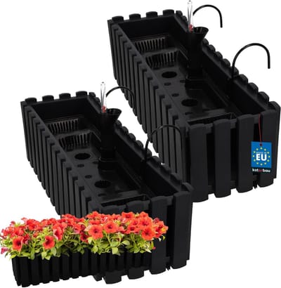 KOTARBAU® 2 st Balkonbak, Bloembak voor Balkon, Kunststof, 58 x 18 x 16 cm, Antraciet, Balkonbak met Houder, Zelfbewaterend Systeem, Balkon Plantenbak, Weerbestendige Plantenbak