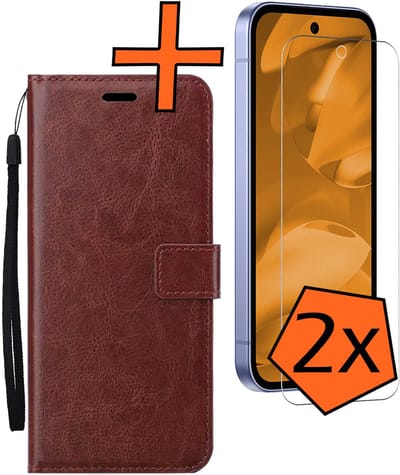 Hoes - Met 2x Screenprotector - Geschikt voor Google Pixel 9a - Luxe Pasjeshouder - Bookcase Portemonee - Flip Case - Kunstleer Book Case - Flipcase Hoes - Book Cover - Walletcase - PortemonneeHoes - Bruin