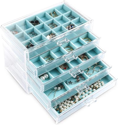 Allecto Premium - Acryl sieraden organizer voor dames - Oorbel box met 5 lades - Transparante sieradendoos - Stapelbare oorbelhouder - Turquoise - Opbergdoos voor ringen, studs en armbanden