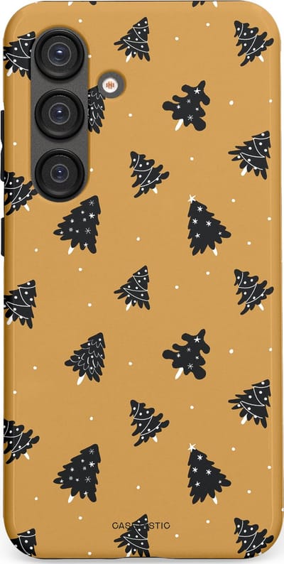 Casetastic hoesje geschikt voor Samsung Galaxy S25 - Dubbellaagse bescherming - Zwarte Kerstboom Feest - Fashion Case - Goud Donkergrijs Taupe