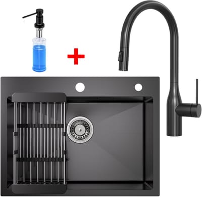 CECIPA max Spoelbak Antraciet 60x45CM - Spoelbak Keuken - Multifunctionele Spoelbak Met Uittrekbare Uitloop Keukenkraan en Zeepdispenser 300ML - Spoelbak Met Afdruiprek - Spoelbakken Keuken - RVS