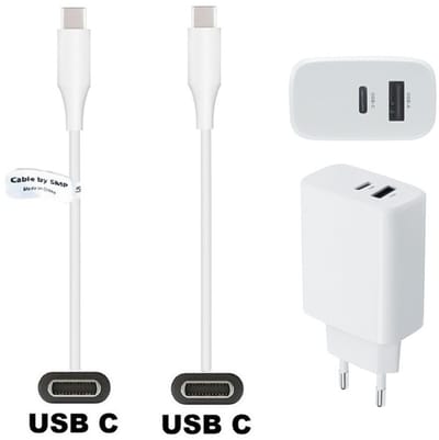 OneOne 25W super snellader met 2 poorten. Oplader met Sterke 0,2m USB C naar C kabel. PD lader adapter past op Universeel Asus, ZTE, Fairphone, Sony Xperia, OPPO, Nokia, Acer, Arnova, BlackBerry, Anker (Soundcore), Archos, Poly Voyager