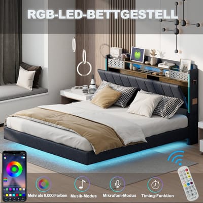 DESMIU Gestoffeerd Bed 140x200 cm – USB-Laadpunt en LED-Verlichting – Hoofdbord met Verborgen Opbergruimte – Zwevend Design – Zonder Matras – Grijs