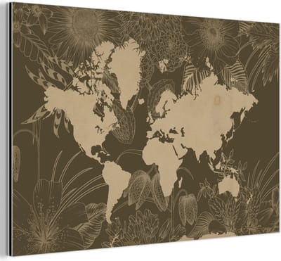 Aluminium schilderij 150x100 cm - Wanddecoratie metaal - Wereldkaart - Bloemen - Bruin - Metalen muurdecoratie woonkamer - Decoratie industrieel - Foto op dibond - Industriële accessoires slaapkamer
