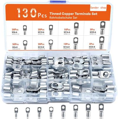 Kabelschoenen, buiskabelschoenen, set 130 stuks, kabelschoenenset, 25 mm², 16 mm², 10 mm², 6 mm², kabelschoenen, assortiment voor auto's, accukabels, ringkabelschoenen, set M6, M8