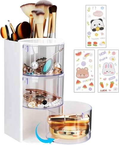 180° draaibaar, 3-laags cosmetica-opslag, borstelhouder met 3 stickers voor cosmetica, sieraden, haaraccessoires, kwasten, lippenstift, wit