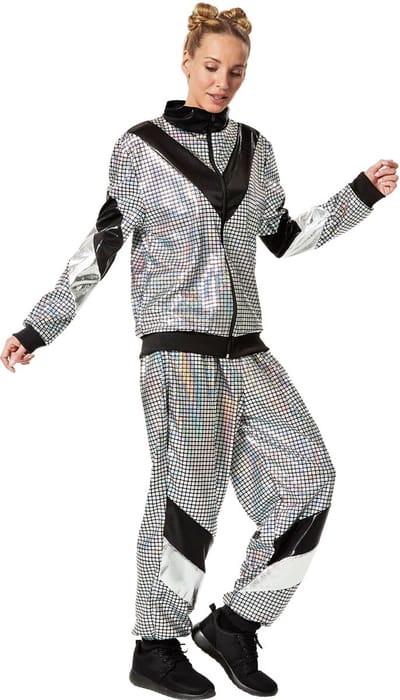 dressforfun - dameskostuum retro 80er 90er jaren disco joggingpak - zilver, S - Verkleedkleding carnaval - Halloween - Verkleden - Feestkleding - Carnavalskleding - Feest - Partykleding