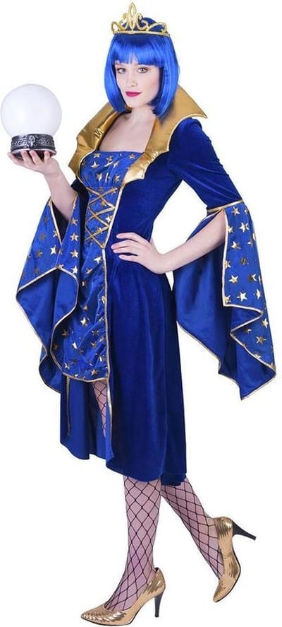 Funny Fashion - Tovenaar & Tovenares & Waarzegster Kostuum - Wonderlijke Waarzegster Wioleta - Vrouw - blauw,goud - Maat 40-42 - Carnavalskleding - Verkleedkleding
