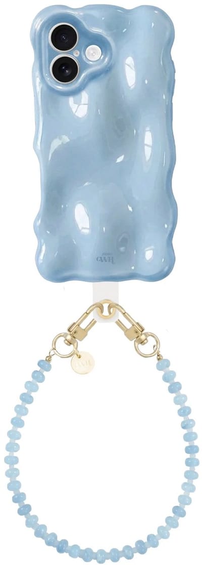 xoxo Wildhearts Bubbly case Ice Blue - Dusty Cord (kort) - Geschikt voor iPhone 17 - Hoesje met bobbeltjes inclusief telefoonkoord - Krullende golfvorm - schokbestendig - Telefoonhoesje met koord - Koord ook afneembaar - Blauw