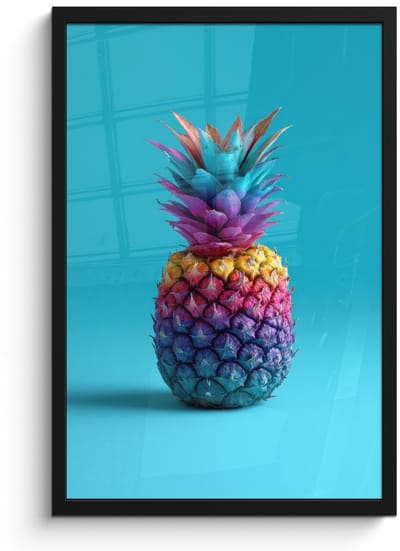 Poster in lijst - Fotolijst 40x60 cm - Posters - Ananas - Regenboog - Blauw - Popart - Posterlijst zwart - Decoratie - Wanddecoratie woonkamer - Muurdecoratie slaapkamer