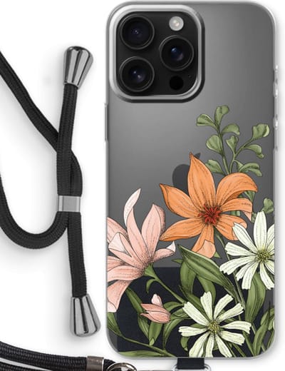 Case Company® - Hoesje met koord geschikt voor iPhone 16 Pro Max hoesje met Koord - Floral bouquet - Telefoonhoesje met Zwart Koord - Bescherming aan alle Kanten en Over de Schermrand