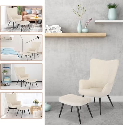 Luxe Corduroy Wingback Relaxfauteuil met Hoge Rugleuning en Voetenbank – Comfortabele Vintage Lounge Stoel 73×70×97 cm Crèmewit