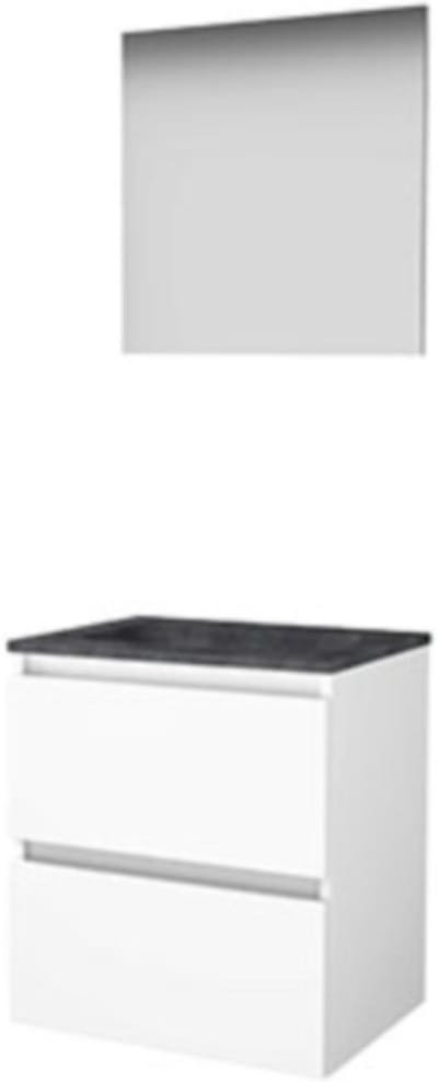 Basic-Line Basic 46 Badkamermeubelset - 60 x 46 cm - Greeploos - 2 Lades - Hardstenen Wastafel - Zonder Kraangat - Spiegel - Ice White