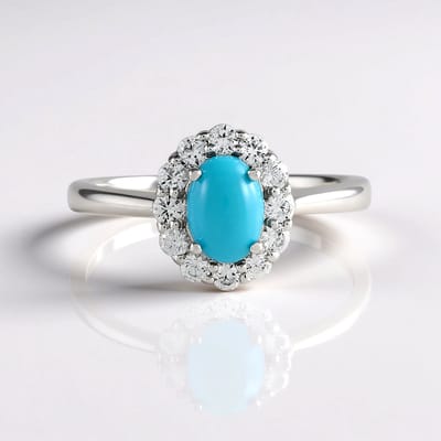 Cavill - Elegante 925 Sterling Zilveren Ring met Sleeping Beauty Turkoois 7x5 mm - Ovale Turkoois Cabochon - 12 Zirkonia 0,504 ct - Dames Ring