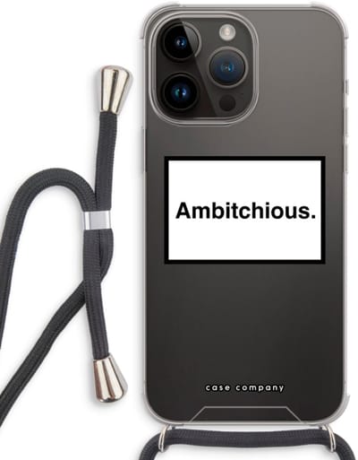 Case Company® - Hoesje met koord geschikt voor iPhone 14 Pro Max hoesje met Koord - Ambitchious - Telefoonhoesje met Zwart Koord - Bescherming aan alle Kanten en Over de Schermrand