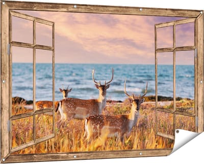 Gards Tuinposter Doorkijk Drie Herten aan de Zee tijdens Zonsondergang - 150x100 cm - Tuindoek - Tuindecoratie - Wanddecoratie buiten - Tuinschilderij