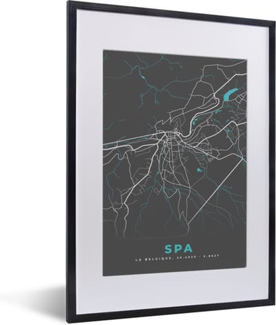 Fotolijst incl. Poster - Stadskaart – Grijs - Kaart – Spa – België – Plattegrond - 30x40 cm - Posterlijst