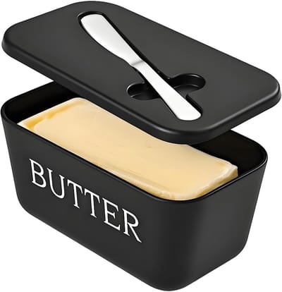 Daity Een grote plastic botervloot met deksel en mes - gemaakt van voedselveilig PP-materiaal - geschikt voor koelkasten (zwart).