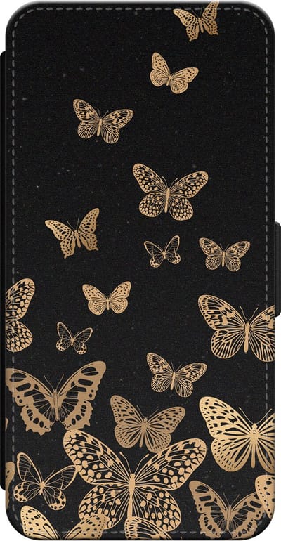 Leuke Telefoonhoesjes - Bookcase hoesje geschikt voor iPhone 14 bookcase leer - Vlinders - Vlinders - Wallet case met pasjeshouder - Print / Illustratie - Zwart, Goud