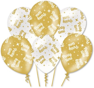 LUQ – Latex Ballonnen Party Time – 6 Stuks – Wit-Goud – Luxe Feest Decoratie – Party Decoration – Helium Ready