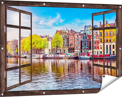 Gards Tuinposter Doorkijk Amsterdamse Huisjes aan het Water - 120x80 cm - Tuindoek - Tuindecoratie - Wanddecoratie buiten - Tuinschilderij
