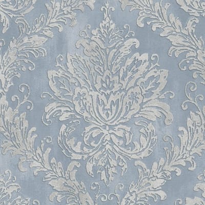 Barok behang Profhome 790491-GU vliesbehang hardvinyl warmdruk in reliëf licht gestructureerd met ornamenten en metalen accenten blauw duifblauw zilver 5,33 m2