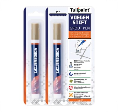 DuoPack - Tulipaint Voegenstift (Beige) - Voegenmarker - Voegenpen - Voegenverf - Voegstift - Voegverf - voegen verven schilderen - voegenfris - voegenreiniger - voegen verf - tegelvoegen schoonmaken schoonmaakmiddel - tegelvoeg voeg stift marker pen