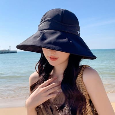 Version coréenne Couvre-visage de cyclisme Chapeau de pêcheur pliable Protection solaire Chapeau de soleil pour femmes Printemps et été Bord UV Chapeau cloche black