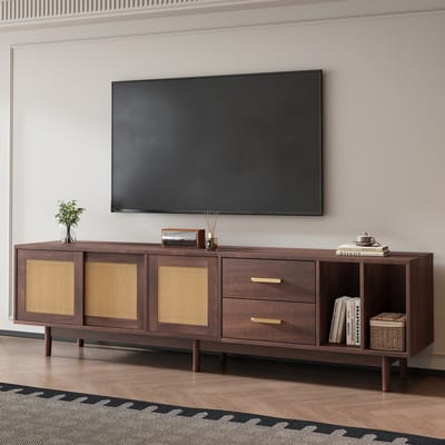 DESMIU Tv Meubel - Rattan Opbergkast Met Schuifdeuren En Laden - Voor Woonkamer En 75 Inch Televisie - MDF - 190x40x52 Cm - Bruin