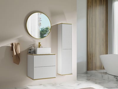 Vente-unique Zwevende badkamermeubel gestreept met gouden randje - Wit - H140 cm - KELIZA