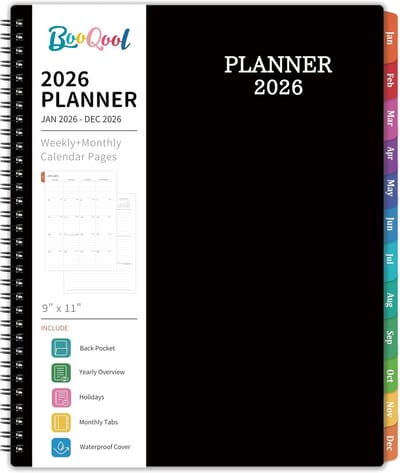 Jaarplanner 2026 - Wekelijkse Maandelijkse Planner - Afspraken Bijhouden - Kleurrijke Tabbladen - 23 x 23 cm - Zwart