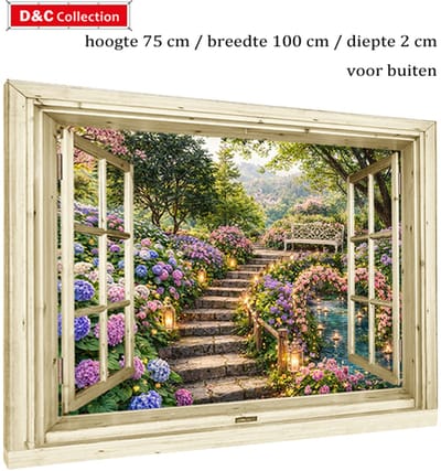 Doorkijk poster bloemen opgespannen - 75x100x2 cm - tuinposter doorkijk hortensia's - bloemenposter - nostalgisch venster - tuindoek hortensia's langs pad - romantische poster - rozen - hart