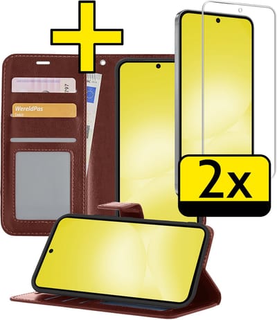 Hoesje - Met 2x Screenprotector - Geschikt voor Samsung Galaxy A56 - Luxe Pasjeshouder - Bookcase Portemonee - Flip Case - Kunstleer Book Case - Flipcase Hoes - Book Cover - Walletcase - Portemonneehoes - Telefoonhoesjes - Bruin