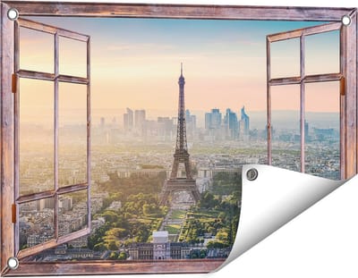 Gards Tuinposter Doorkijk Skyline van Parijs met de Eiffeltoren - 60x40 cm - Tuindoek - Tuindecoratie - Wanddecoratie buiten - Tuinschilderij