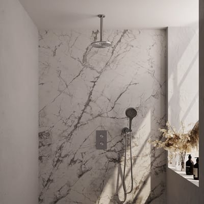 Brauer Brushed Carving thermostatische inbouw regendouche 3-weg omstelling SET 35 met 20 cm douchekop en plafondarm en 3-standen handdouche en doucheslang en wandaansluitbocht RVS geborsteld PVD