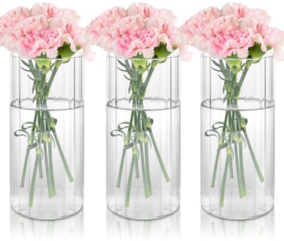 Set van 3 kleine glazen vazen voor tafeldecoratie, 20 cm hoge glazen vaas, cilinder, moderne bloemenvaas, glas, ronde vaas, transparant voor bruiloft, geribbelde bloemenvaas voor decoratie