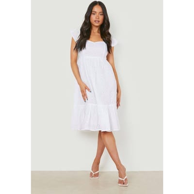 boohoo Dames Petite Broderie Puff Sleeve Bardot Midi Jurk | White | Maat: 6