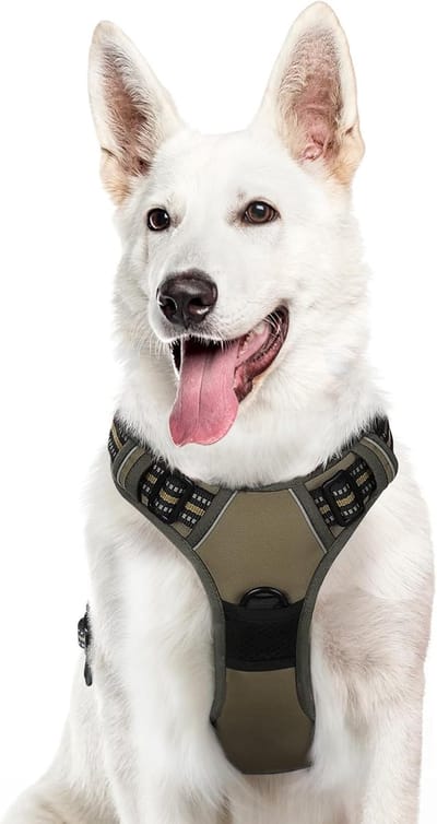 Famanu – Anti-trek hondentuig no-pull, verstelbaar en gewatteerd hondenharnas met reflecterende strepen voor grote honden, bruin, maat XL
