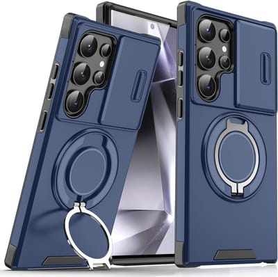 Armor Tough [360° draaibare ringstandaard] [compatibel met Magsafe] Hoesje Geschikt voor: Samsung Galaxy S25 Ultra - Ingebouwde dia camera cover - Hybrid - Blauw